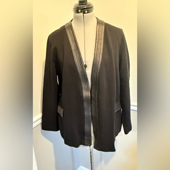 Max Mara Open Front Cardigan Sweater Black Leather Border Sz‎ 48 Faux Pocket - Picture 1 of 10